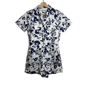 Outerknown S.E.A. Suit Shortall Blue Floral Button Up Romper Shorts Sz XS Linen